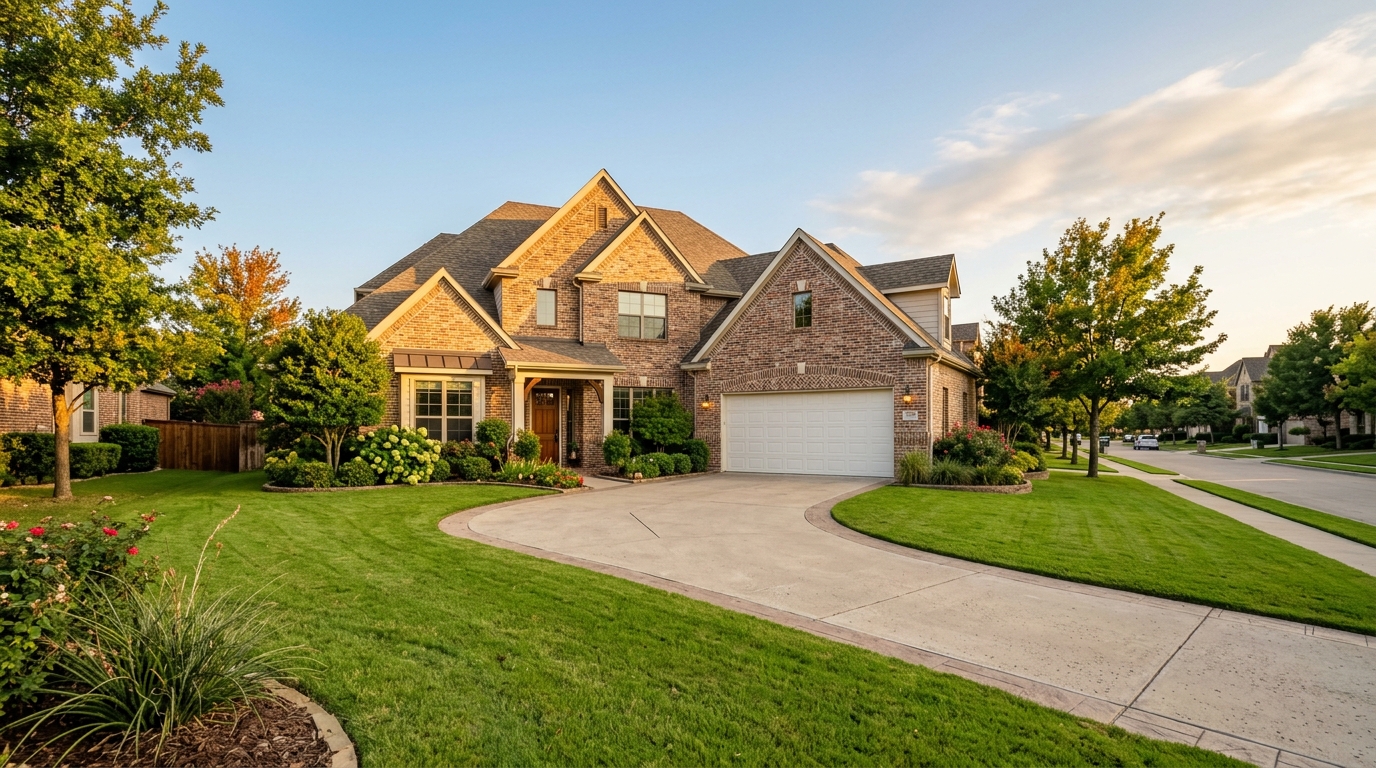 Beautiful home with garage door and green lawn in Wylie Texas